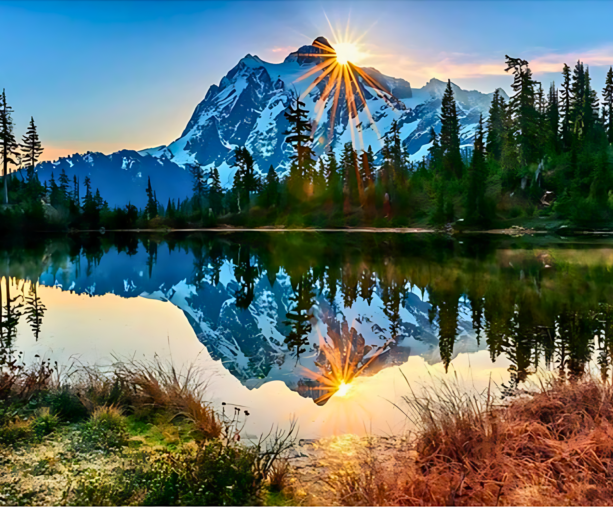 Sunrise paint by numbers over a mountain range reflected in a calm lake with trees.