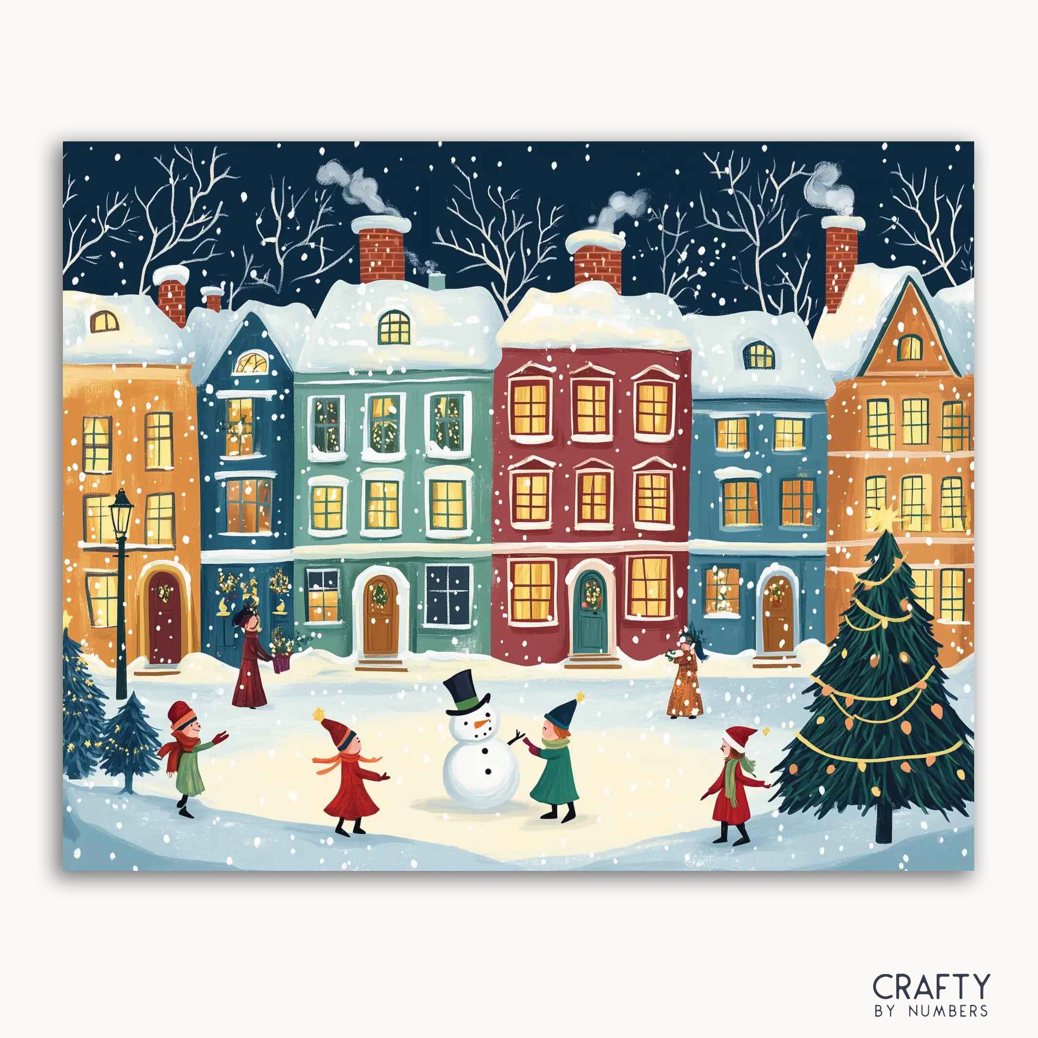 A paint by numbers kit depicting a festive winter village scene with colorful houses, a snowman, and children playing in the snow.