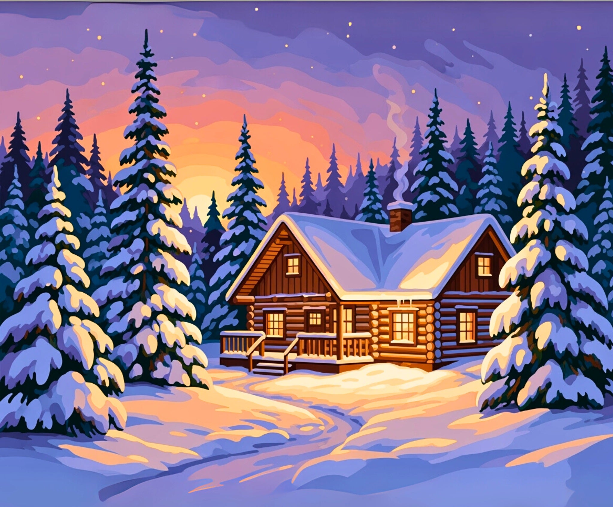 Cozy wooden cabin in a snowy forest at sunset