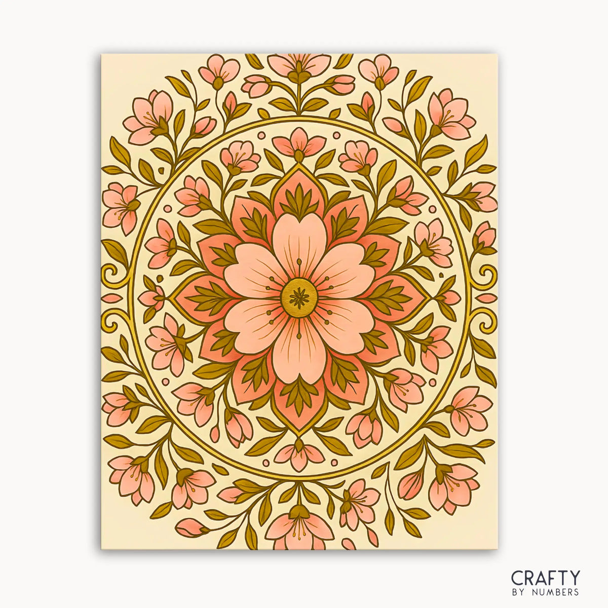 Kit de peinture par numéros Soft Serenity Mandala comprenant un délicat mandala floral avec de tendres fleurs de pêche et une verdure gracieuse dans des tons pastel doux