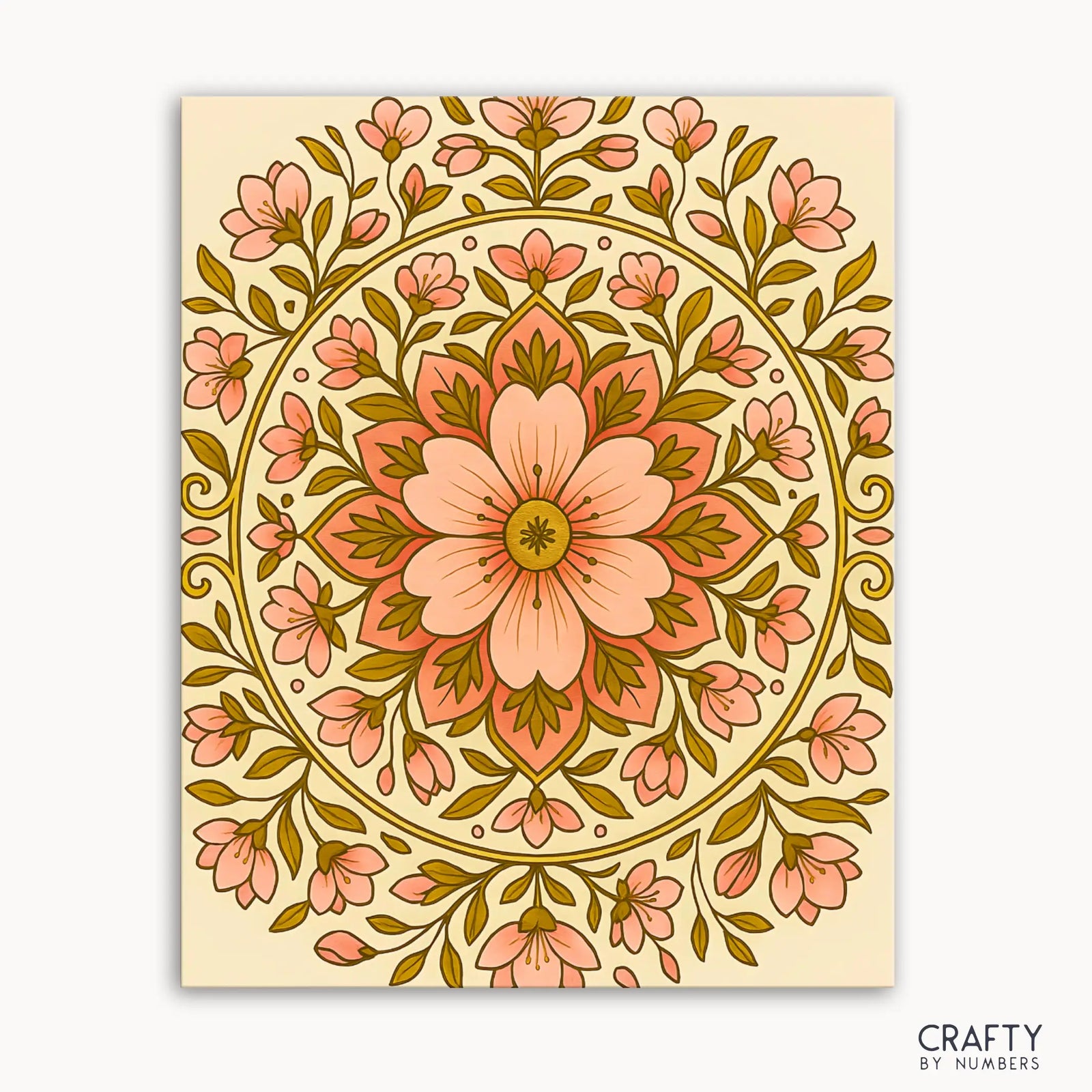 Kit de peinture par numéros Soft Serenity Mandala comprenant un délicat mandala floral avec de tendres fleurs de pêche et une verdure gracieuse dans des tons pastel doux