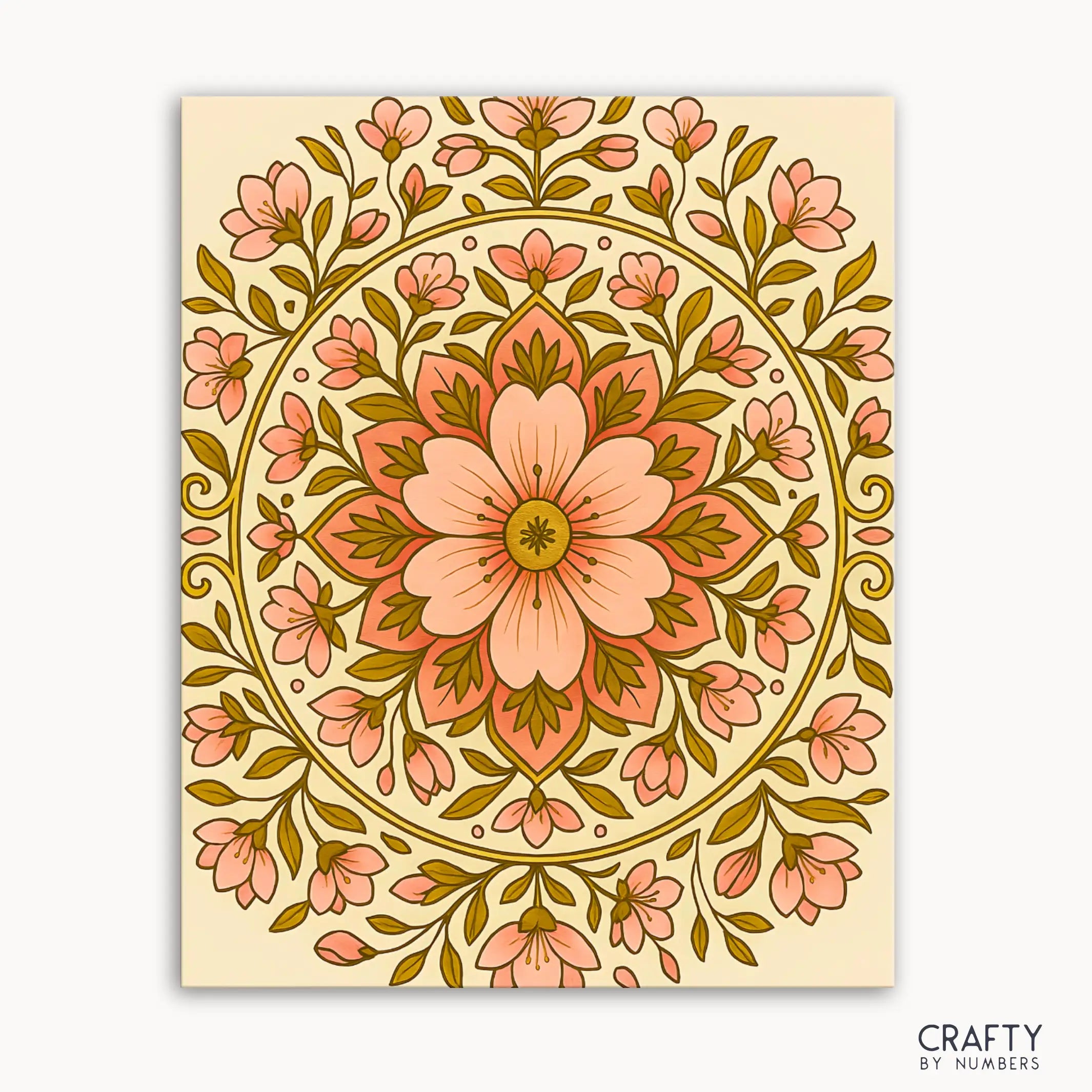 Soft Serenity Mandala Paint by Numbers kit featuring a delicate floral mandala with tender peachy blooms and graceful greenery in soft pastel tones