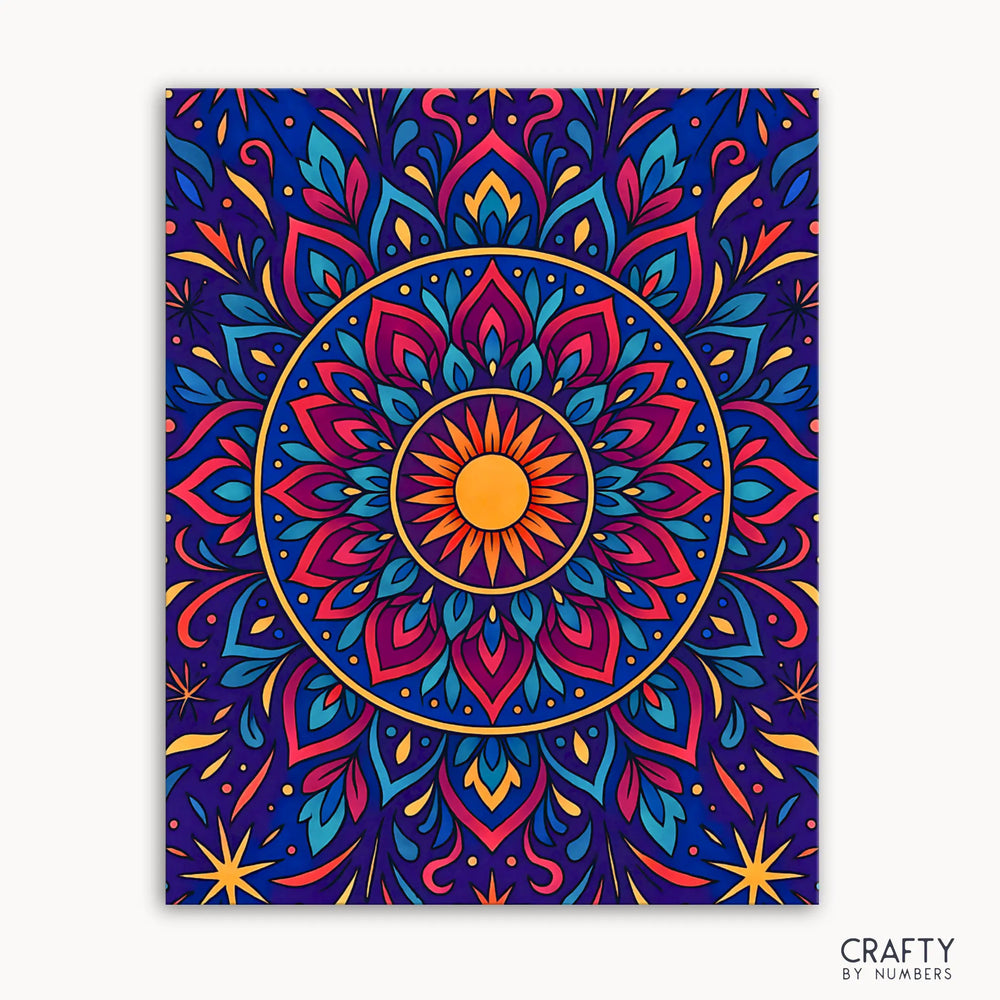 Sea Spirit Mandala Paint by Numbers kit featuring a vibrant aquatic mandala design with coral branches, seashells, and flowing sea patterns in calming blues and coral tones