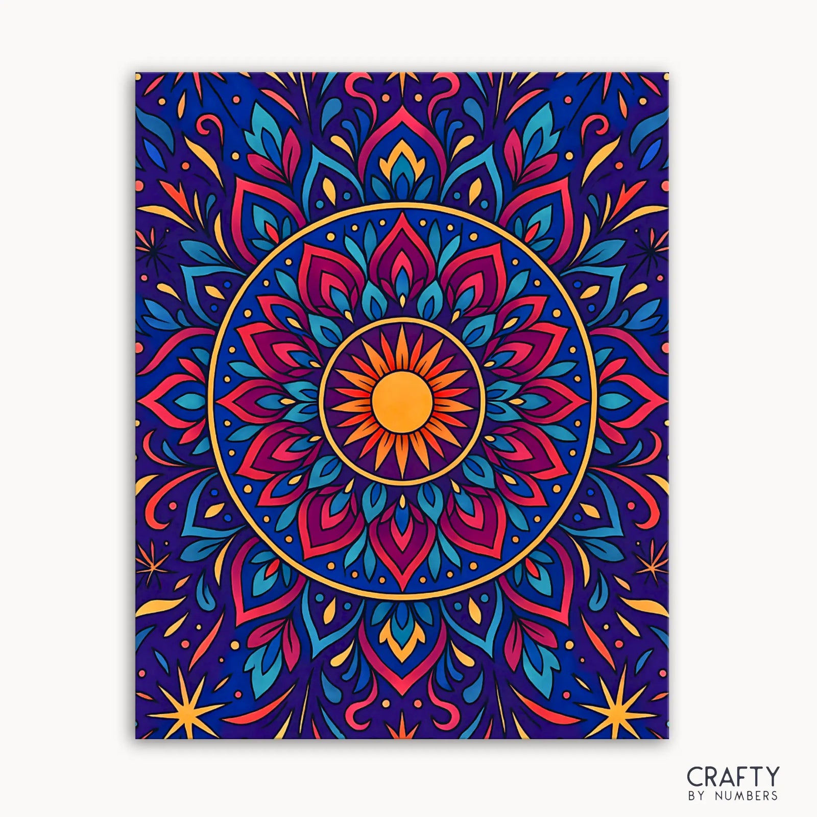Sea Spirit Mandala Paint by Numbers kit featuring a vibrant aquatic mandala design with coral branches, seashells, and flowing sea patterns in calming blues and coral tones