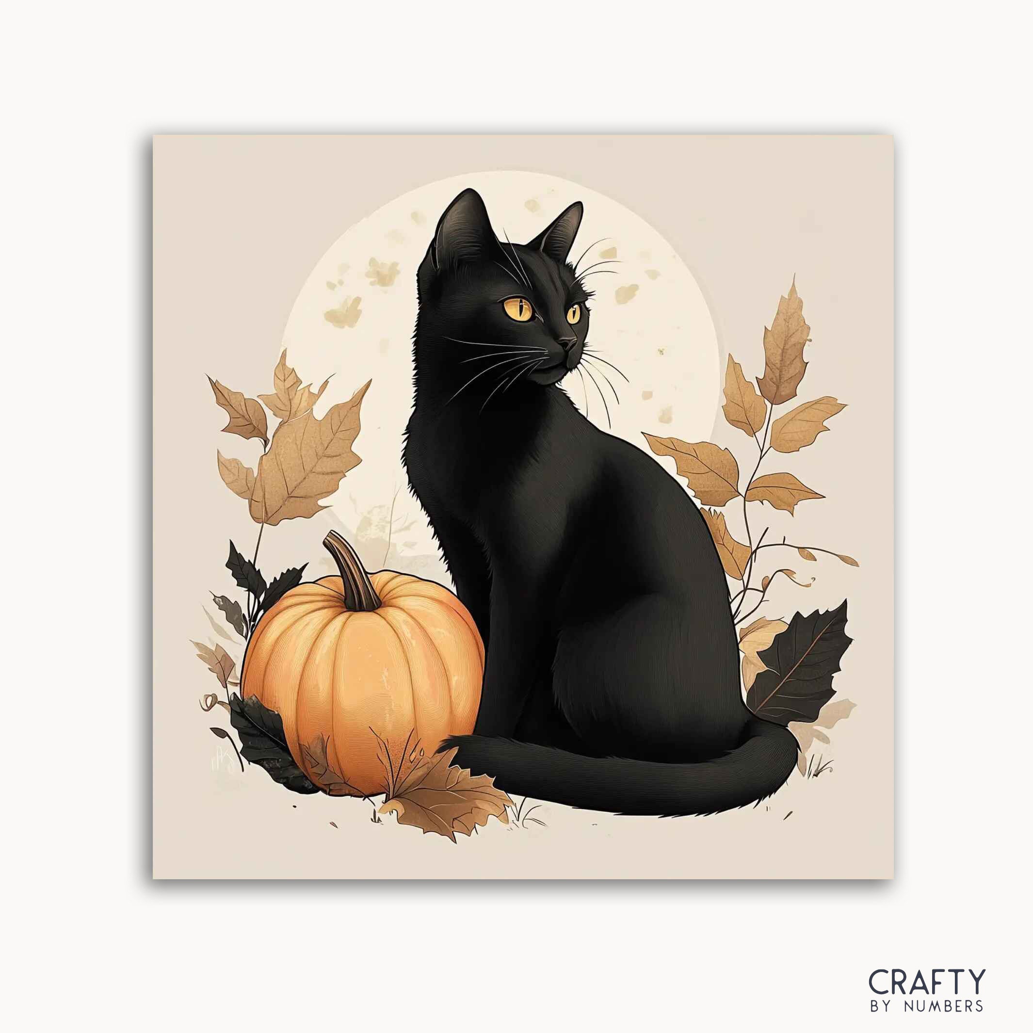 A paint-by-numbers kit featuring a black cat sitting next to a pumpkin with autumn leaves and a moon in the background.