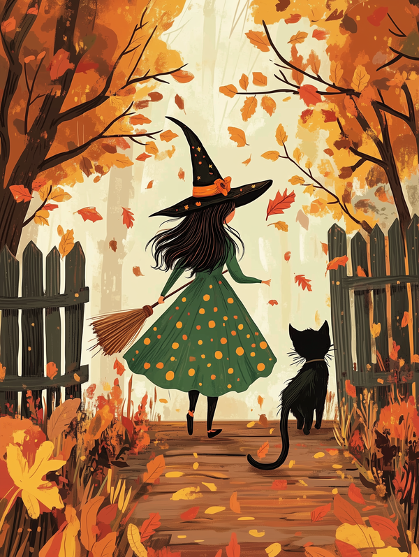A paint-by-numbers kit image featuring a witch and a black cat in an autumn landscape with falling leaves.