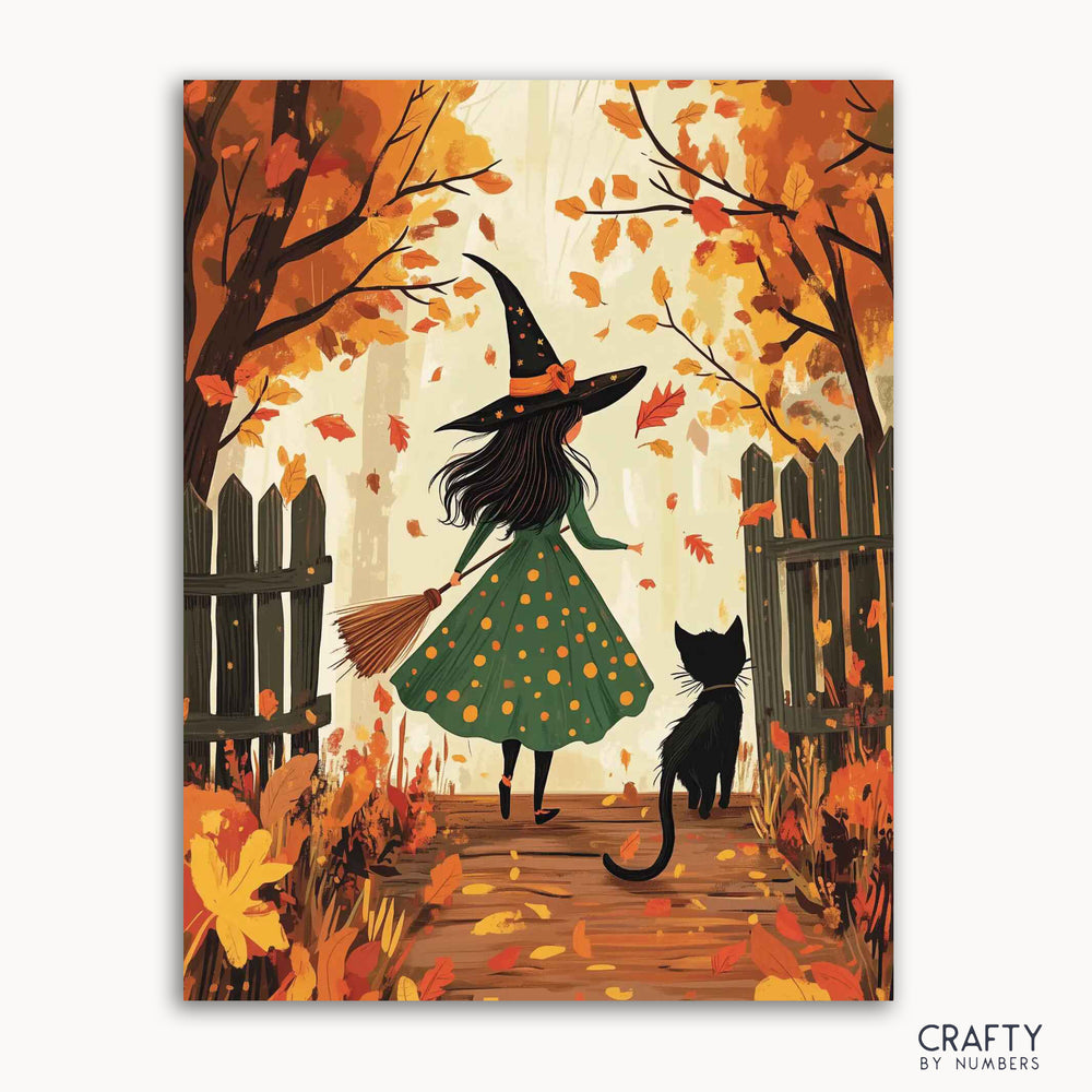 A paint-by-numbers kit depicting a witch in a green dress with polka dots, walking hand-in-hand with a black cat, surrounded by autumn leaves and a wooden fence.
