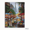 A vibrant paint by numbers kit depicting a Parisian street scene with the Eiffel Tower, cafes, and a colorful flower market.