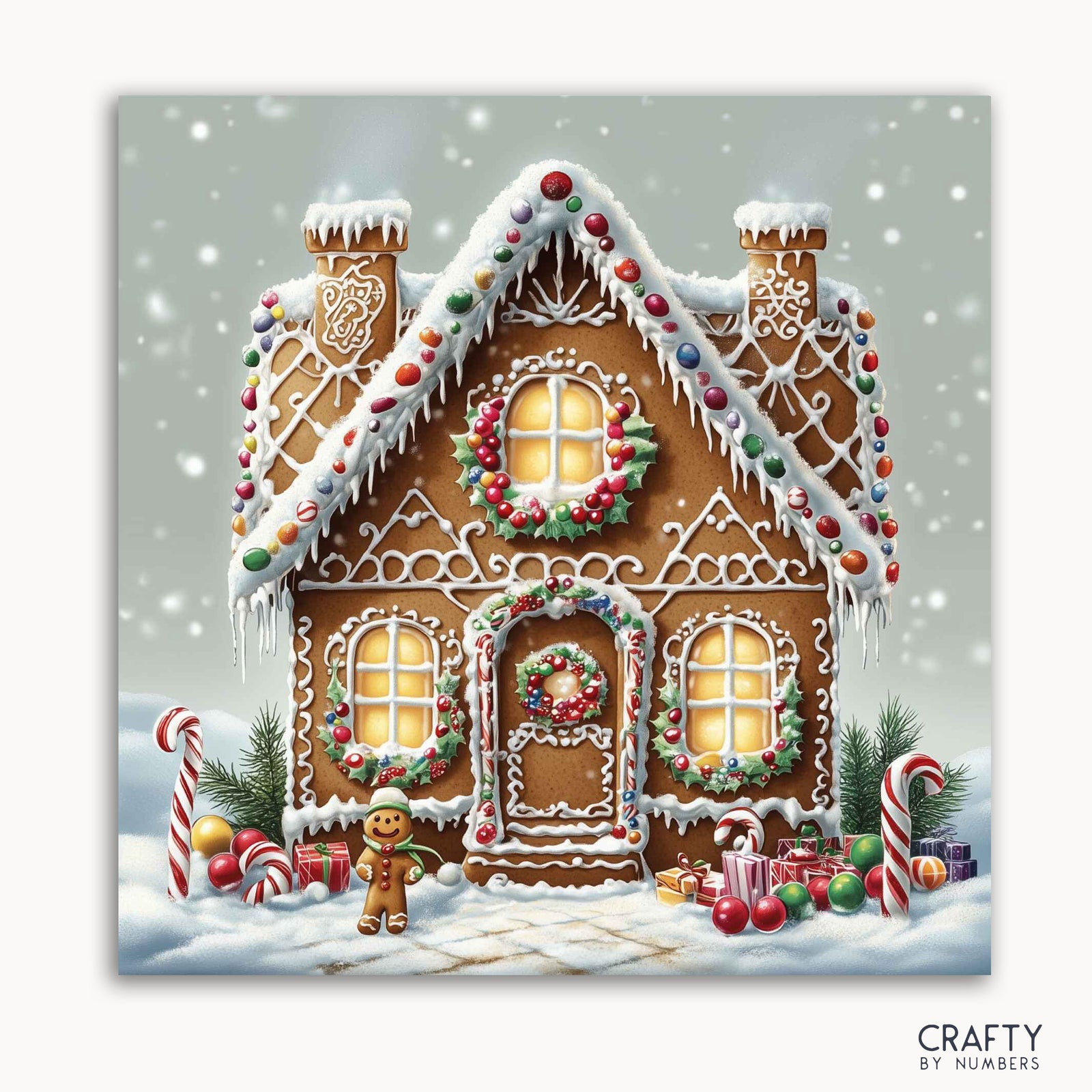 Eine bemalte Leinwand, die ein dekoriertes Lebkuchenhaus mit Zuckergussbesatz, Gummigirlanden und einem Kranz aus Süßigkeiten zeigt, umgeben von Schnee, Zuckerstangen und einer fröhlichen Lebkuchenfigur.