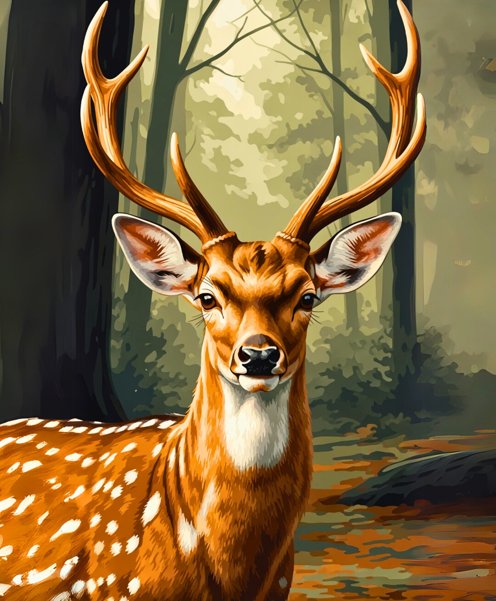 Deer with large antlers in a forest setting