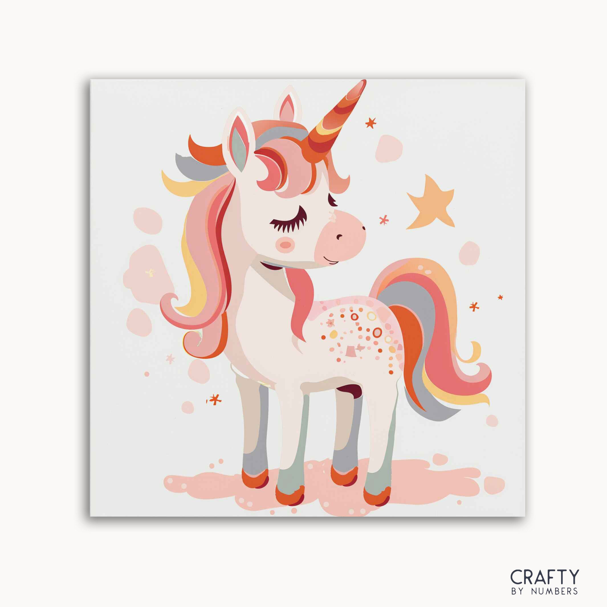 A paint by numbers kit featuring a colorful unicorn with stars on a white background, labeled 'CRAFTY BY NUMBERS'.