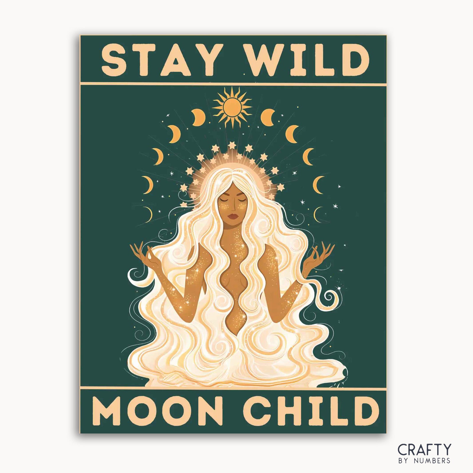 A paint-by-numbers kit with a celestial theme, featuring a moon goddess figure surrounded by stars and moons, with the text 'STAY WILD MOON CHILD' at the top.