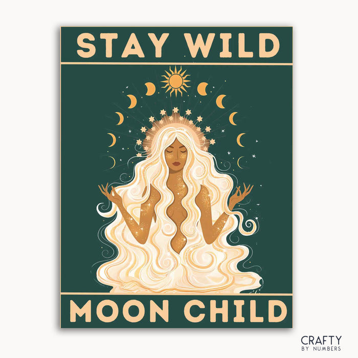 A paint-by-numbers kit with a celestial theme, featuring a moon goddess figure surrounded by stars and moons, with the text 'STAY WILD MOON CHILD' at the top.