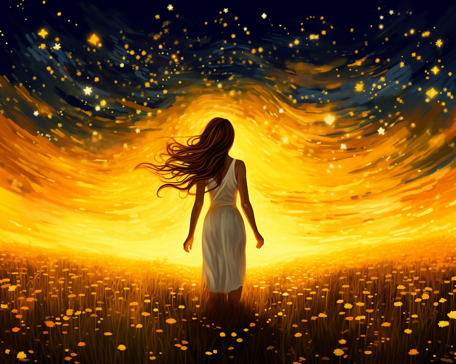 A paint by numbers kit depicting a person standing in a field of golden flowers with a starry sky in the background.