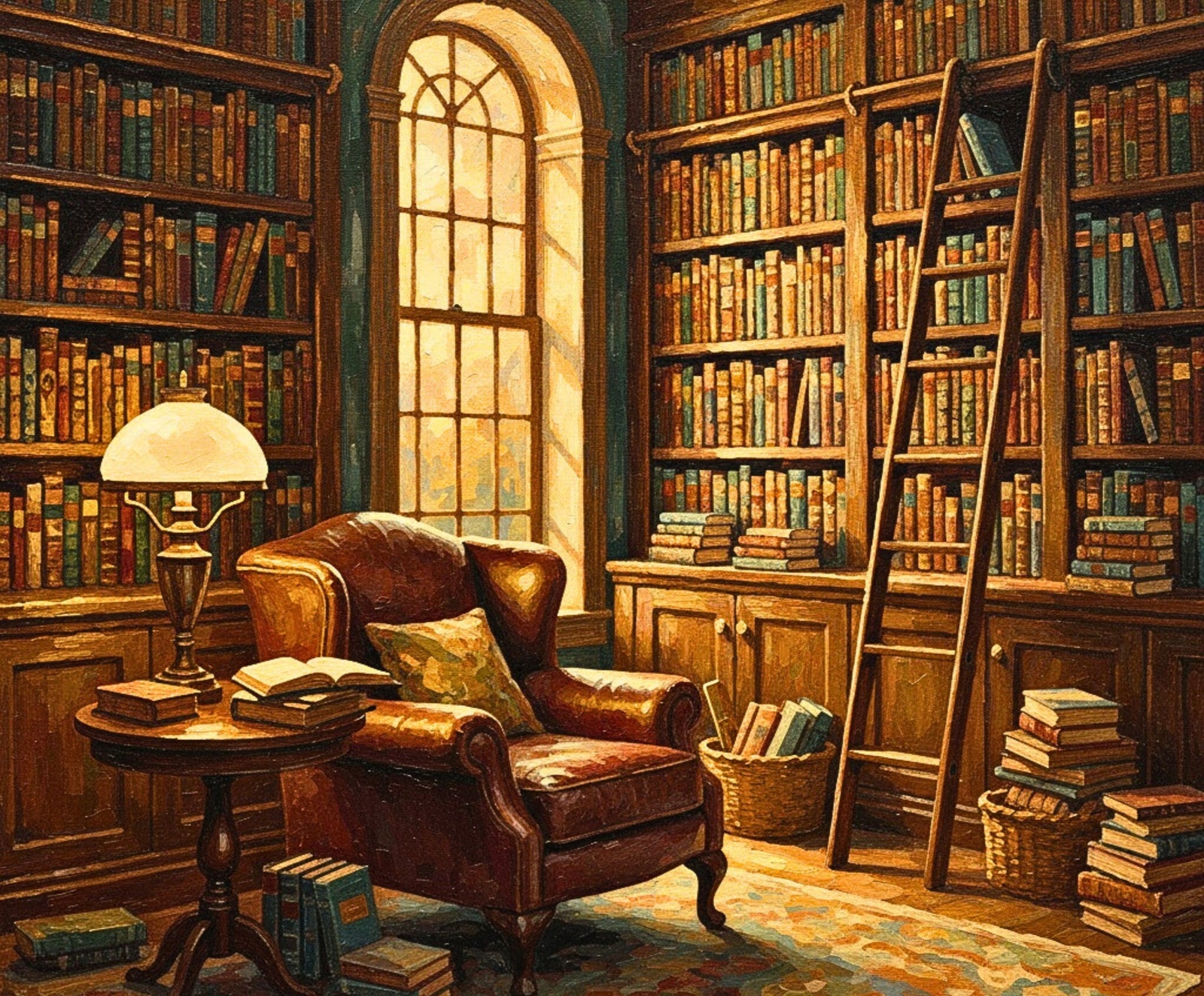 Gemütliche Bibliothek mit Bücherregalen, Sessel und Tisch.