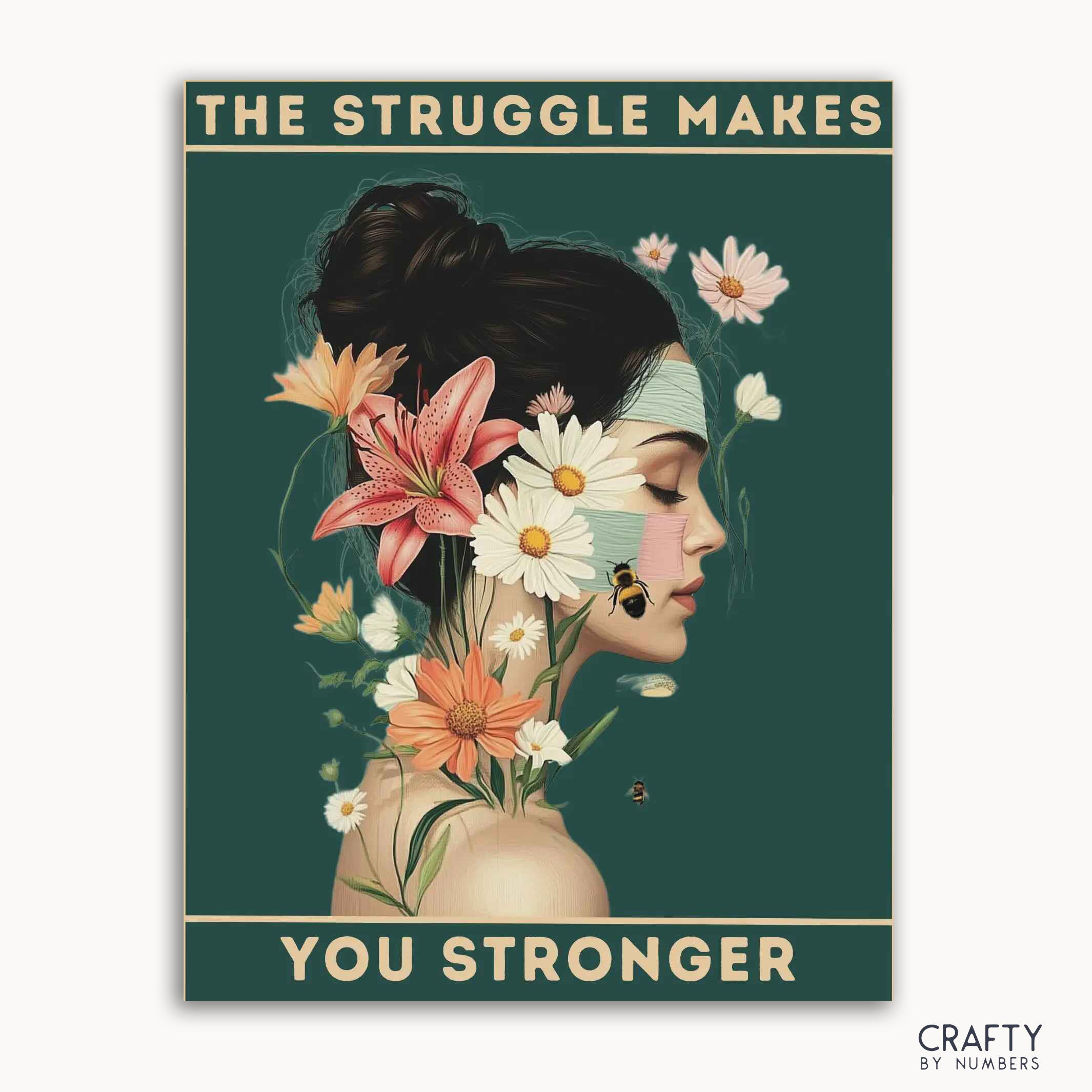 A paint-by-numbers kit with a design of a serene figure with floral adornments and the text 'THE STRUGGLE MAKES YOU STRONGER' across the top.