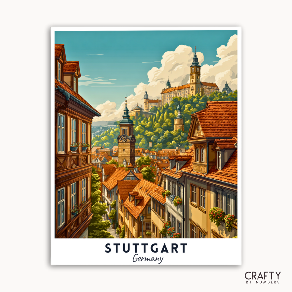 Illustration of Stuttgart, Germany with historic buildings and greenery.