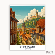 Illustration of Stuttgart, Germany with historic buildings and greenery.