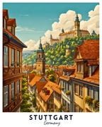 Illustration of Stuttgart, Germany with historic buildings and a castle on a hill.