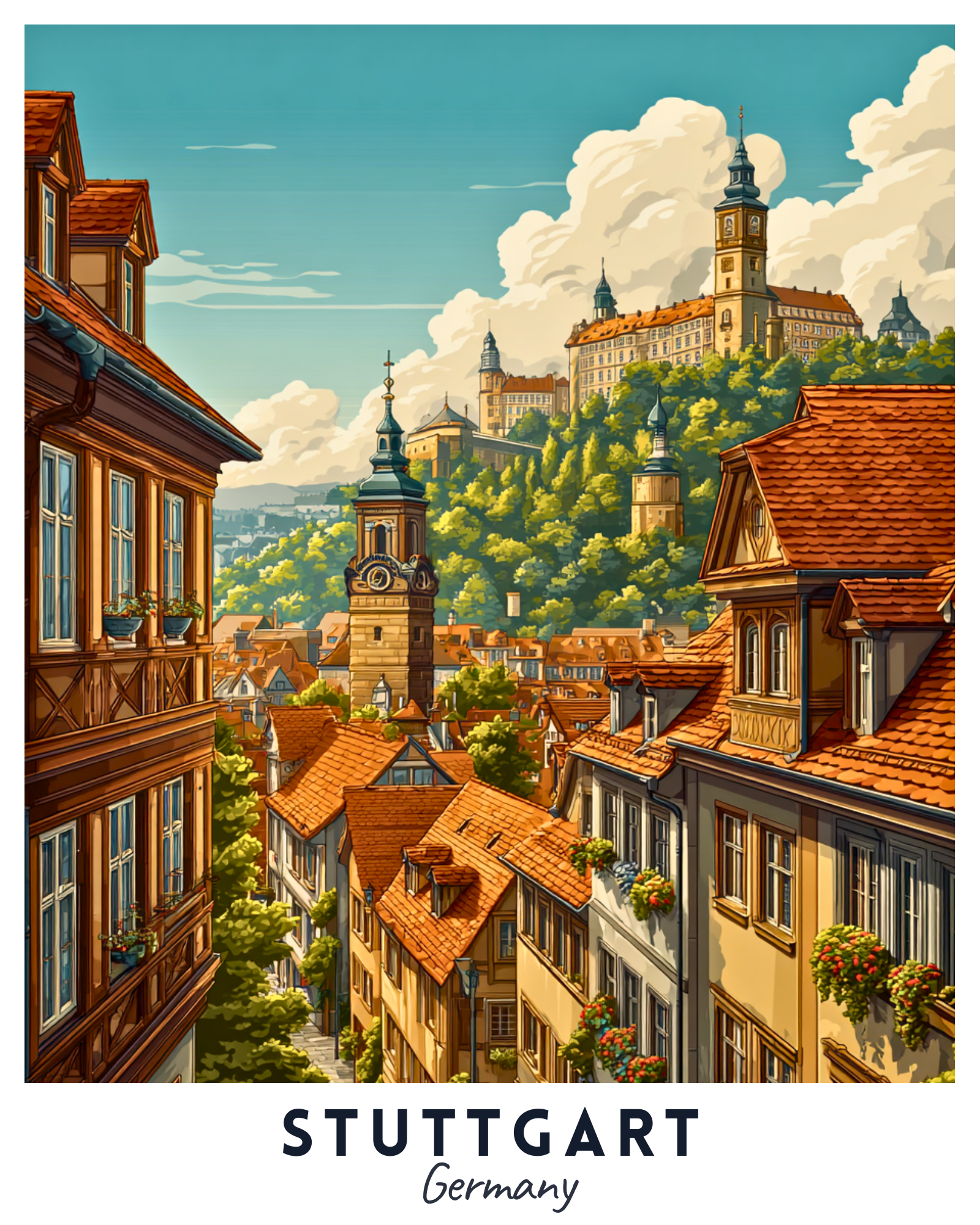 Illustration of Stuttgart, Germany with historic buildings and a castle on a hill.