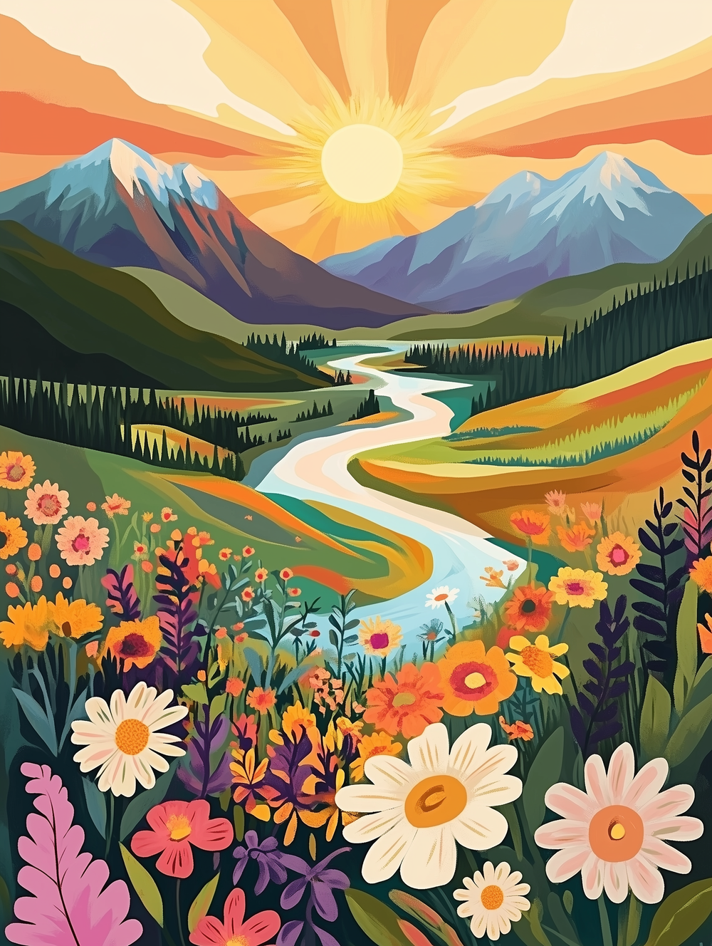 A paint-by-numbers kit depicting a vibrant scene with sun-kissed fields, flowers, and mountains in the background.