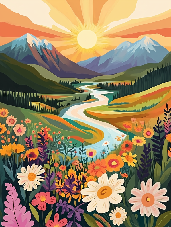 A paint-by-numbers kit depicting a vibrant scene with sun-kissed fields, flowers, and mountains in the background.