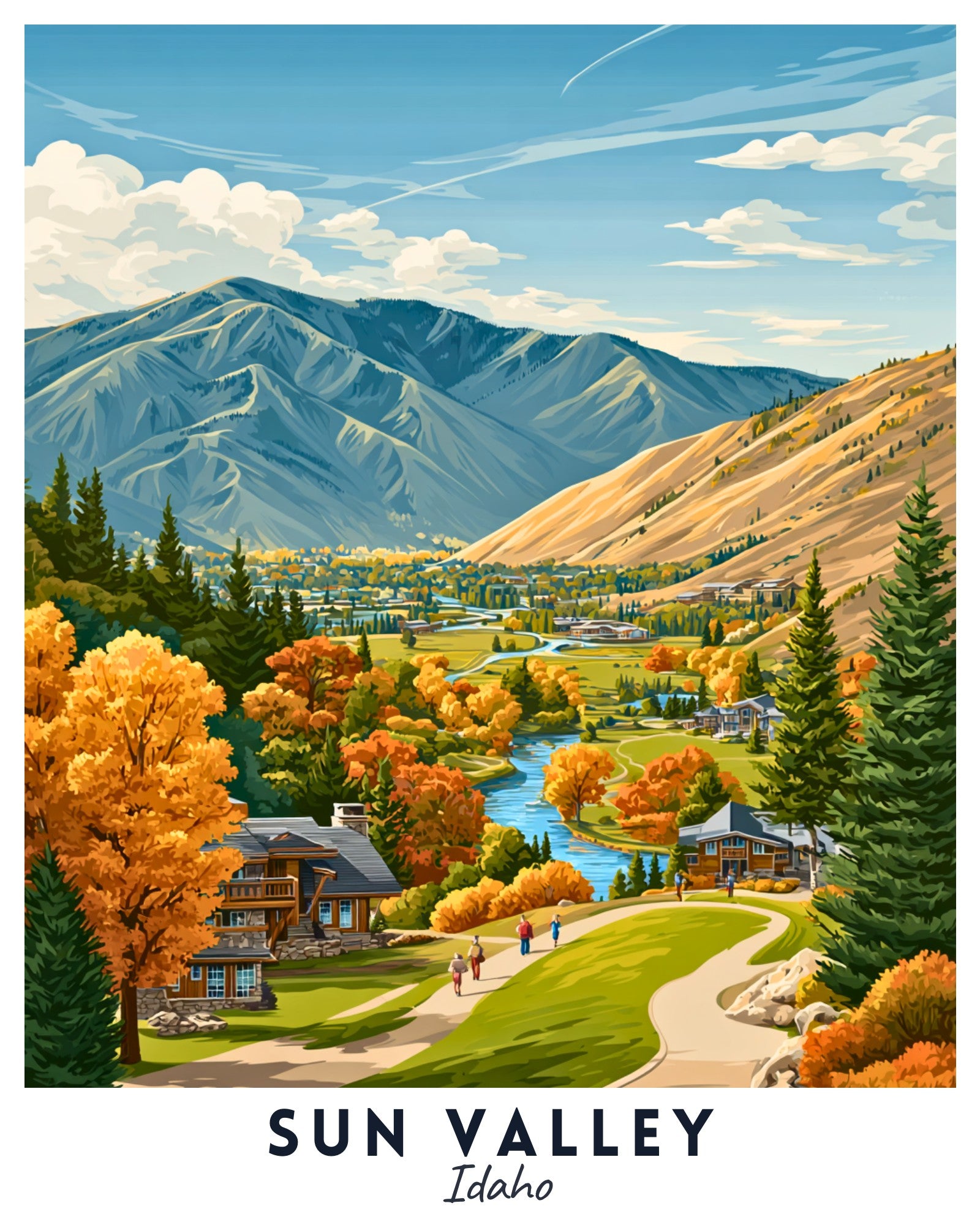 Illustration of Sun Valley, Idaho with mountains, trees, and a lake.