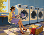 A woman reading beside washing machines in a vintage laundromat.