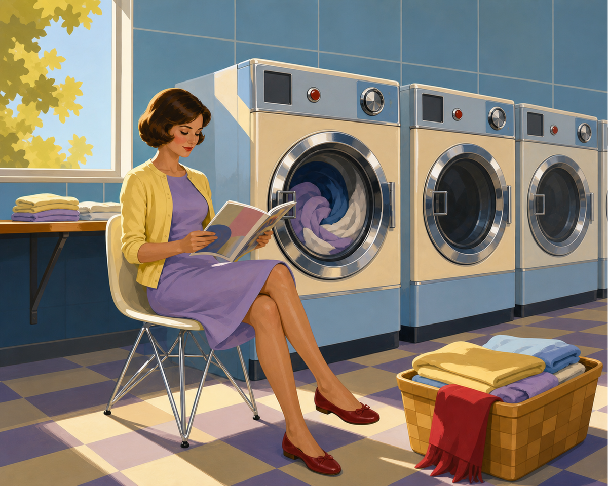 A woman reading beside washing machines in a vintage laundromat.
