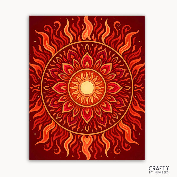 Sunfire Mandala Paint by Numbers kit featuring a vibrant mandala design inspired by flames and light with swirling reds, oranges, and yellows