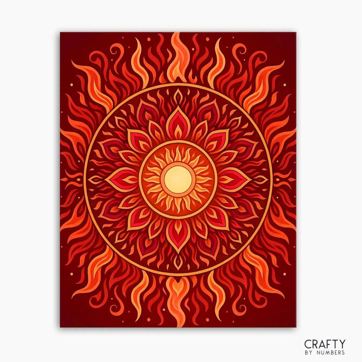 Kit de peinture par numéros Sunfire Mandala comprenant un motif de mandala vibrant inspiré des flammes et de la lumière avec des rouges, des oranges et des jaunes tourbillonnants