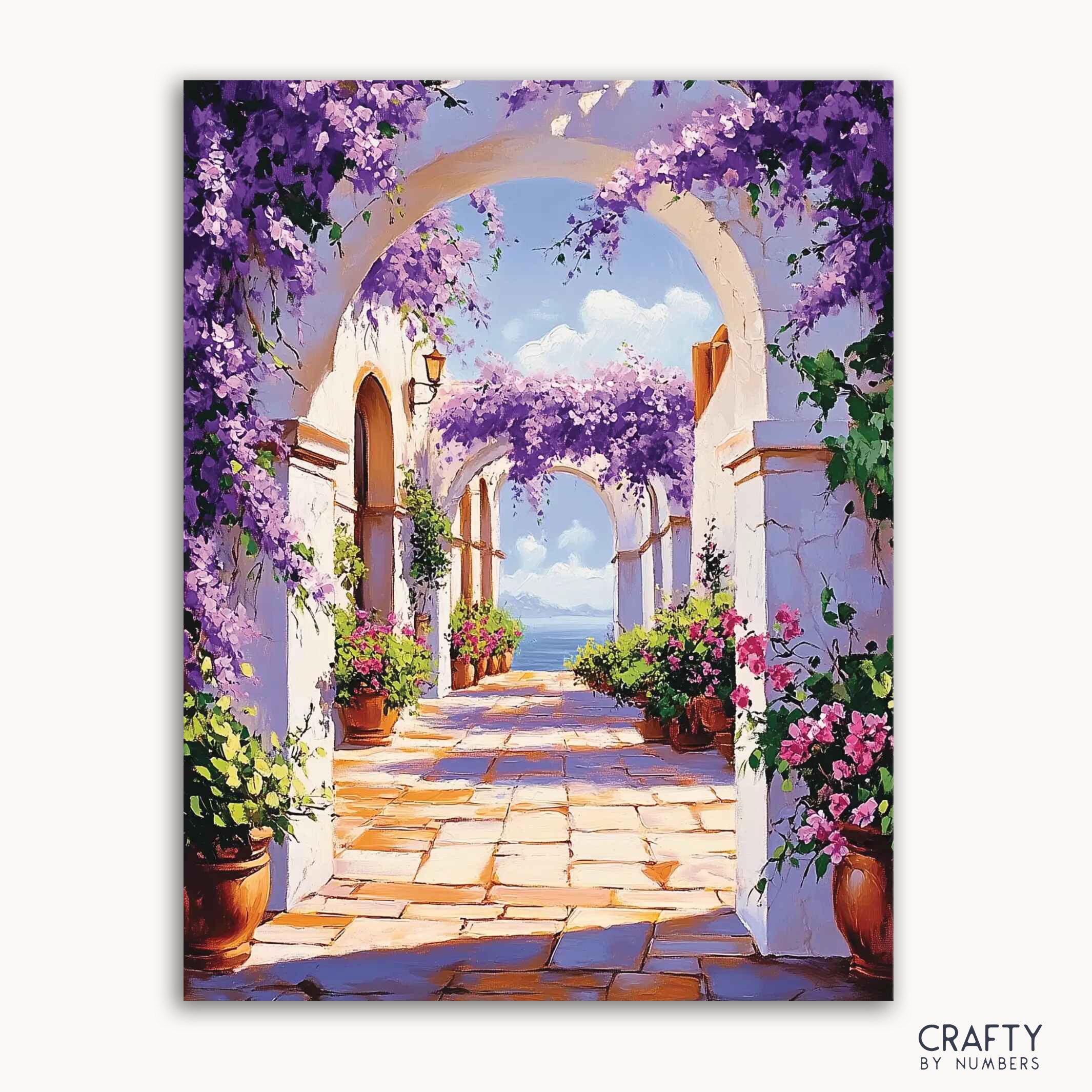 A paint-by-numbers kit image featuring a vibrant scene with Sunlit Arches, where white stone archways lead to a view of the ocean, flanked by purple bougainvillea and greenery.