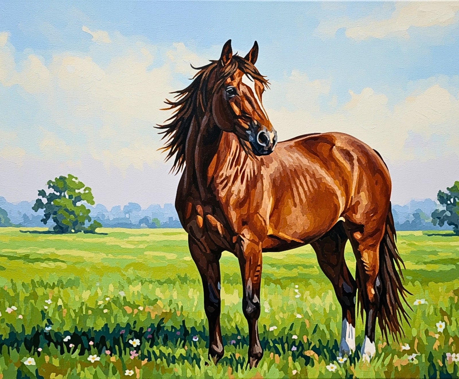 Painting of a brown horse standing in a grassy field with trees in the background