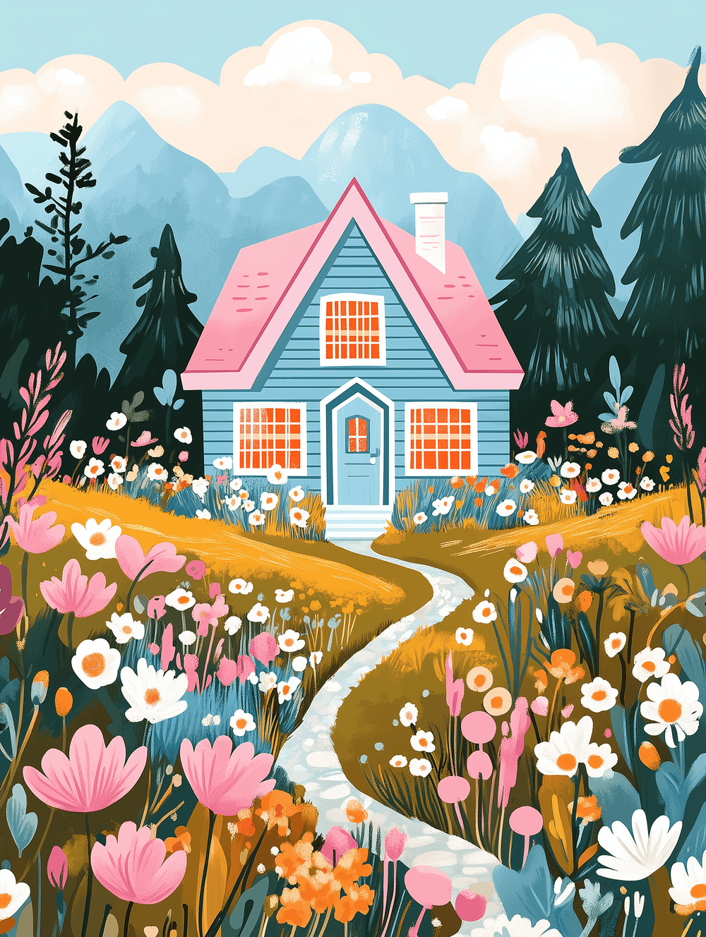 A paint-by-numbers kit depicting a serene sunrise over a blooming meadow with a blue house, mountains in the background, and a pathway leading to the house.