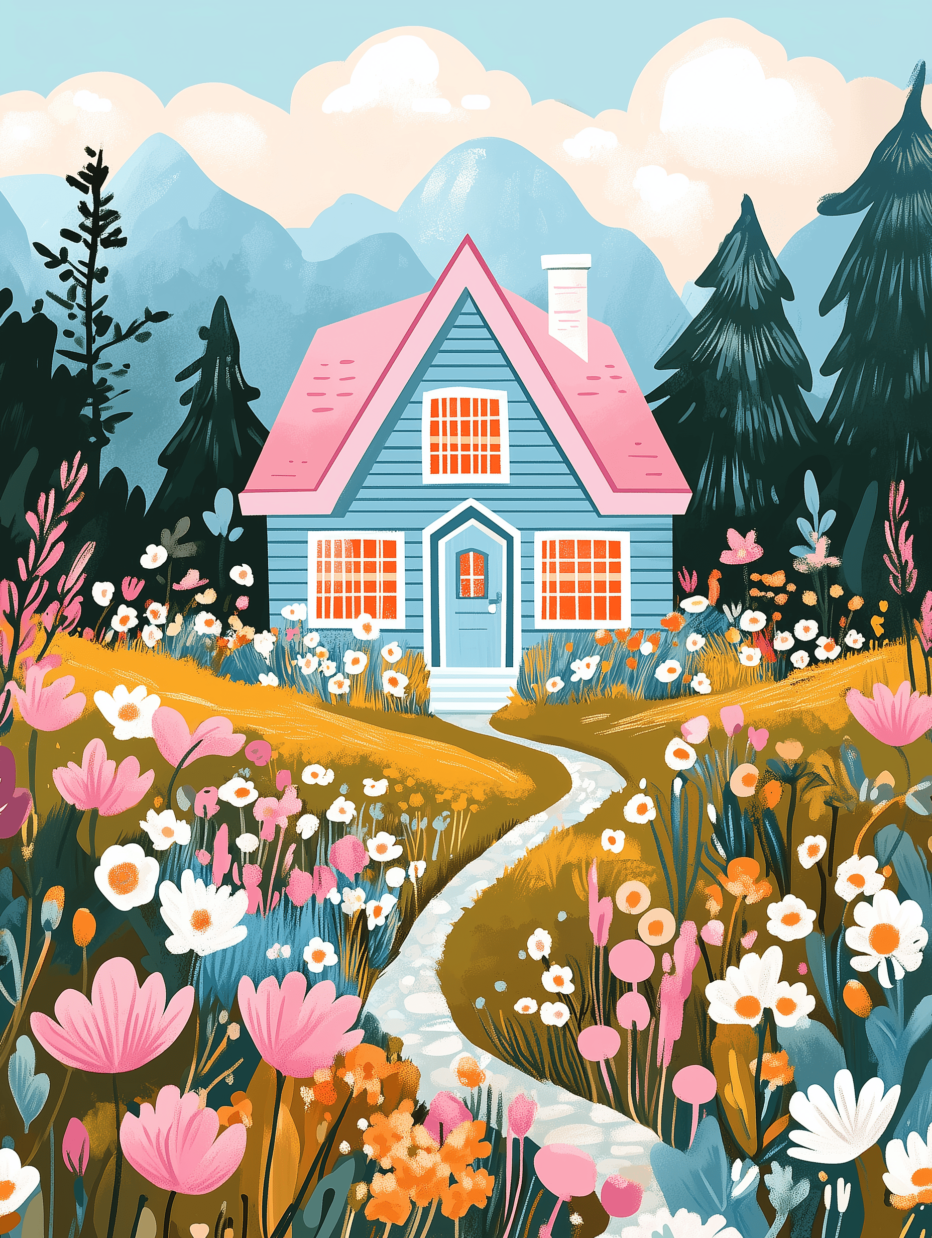 A paint-by-numbers kit depicting a serene sunrise over a blooming meadow with a blue house, mountains in the background, and a pathway leading to the house.