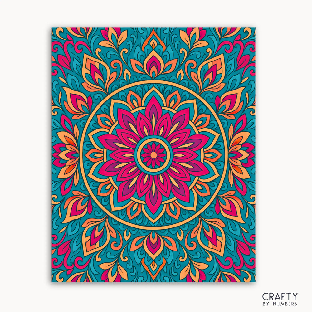 Sunrise Spirit Mandala Paint by Numbers kit featuring a radiant mandala design with fiery pinks, golden orange, and turquoise calm colors inspired by the energy of dawn
