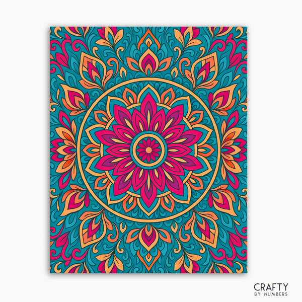 Sunrise Spirit Mandala Paint by Numbers kit featuring a radiant mandala design with fiery pinks, golden orange, and turquoise calm colors inspired by the energy of dawn