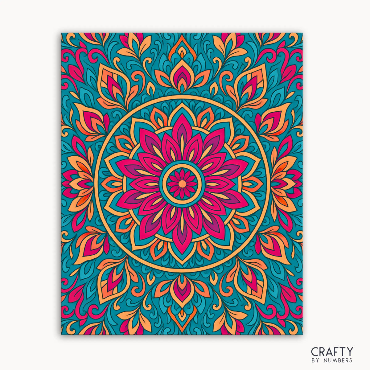 Sunrise Spirit Mandala Paint by Numbers kit featuring a radiant mandala design with fiery pinks, golden orange, and turquoise calm colors inspired by the energy of dawn