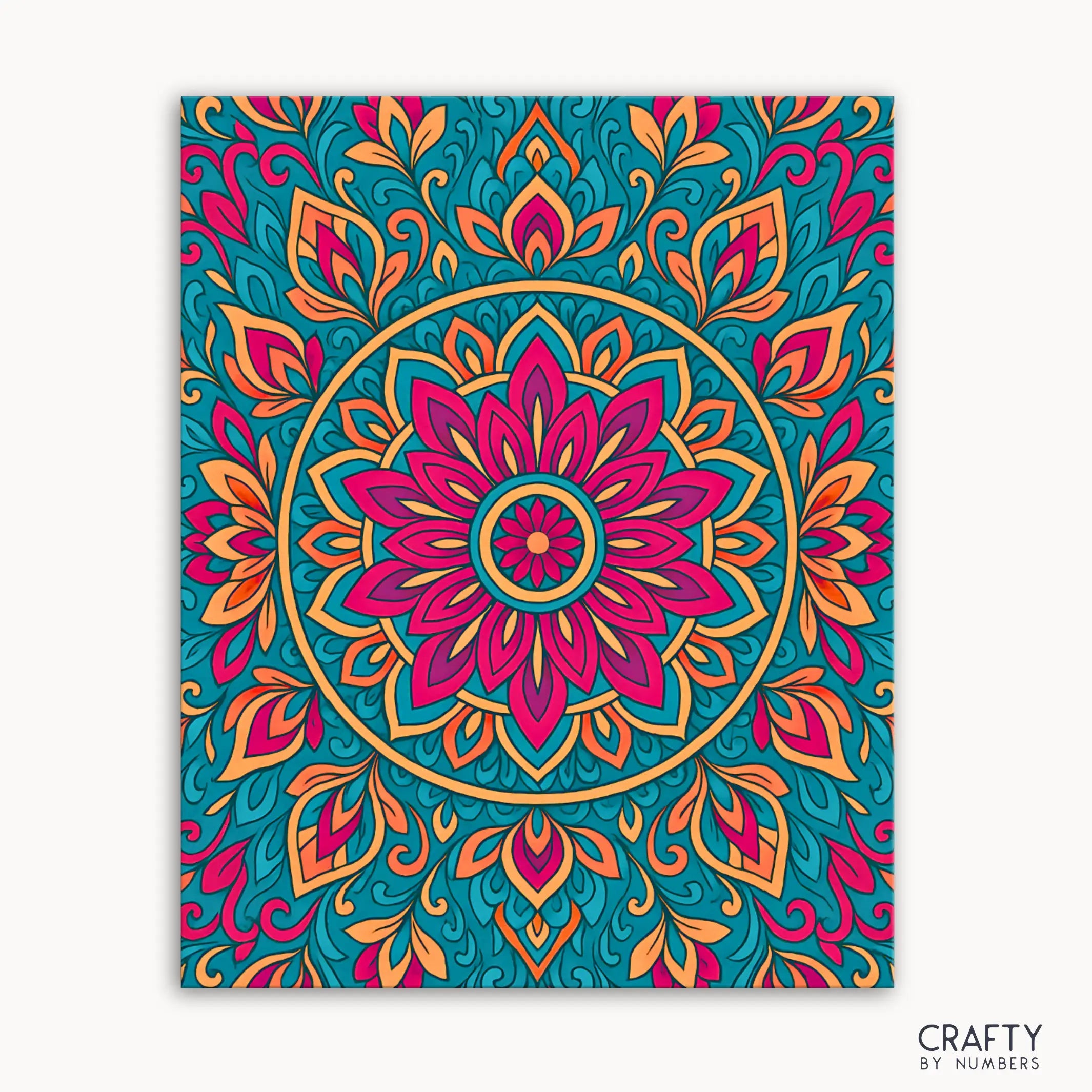 Sunrise Spirit Mandala Paint by Numbers kit featuring a radiant mandala design with fiery pinks, golden orange, and turquoise calm colors inspired by the energy of dawn