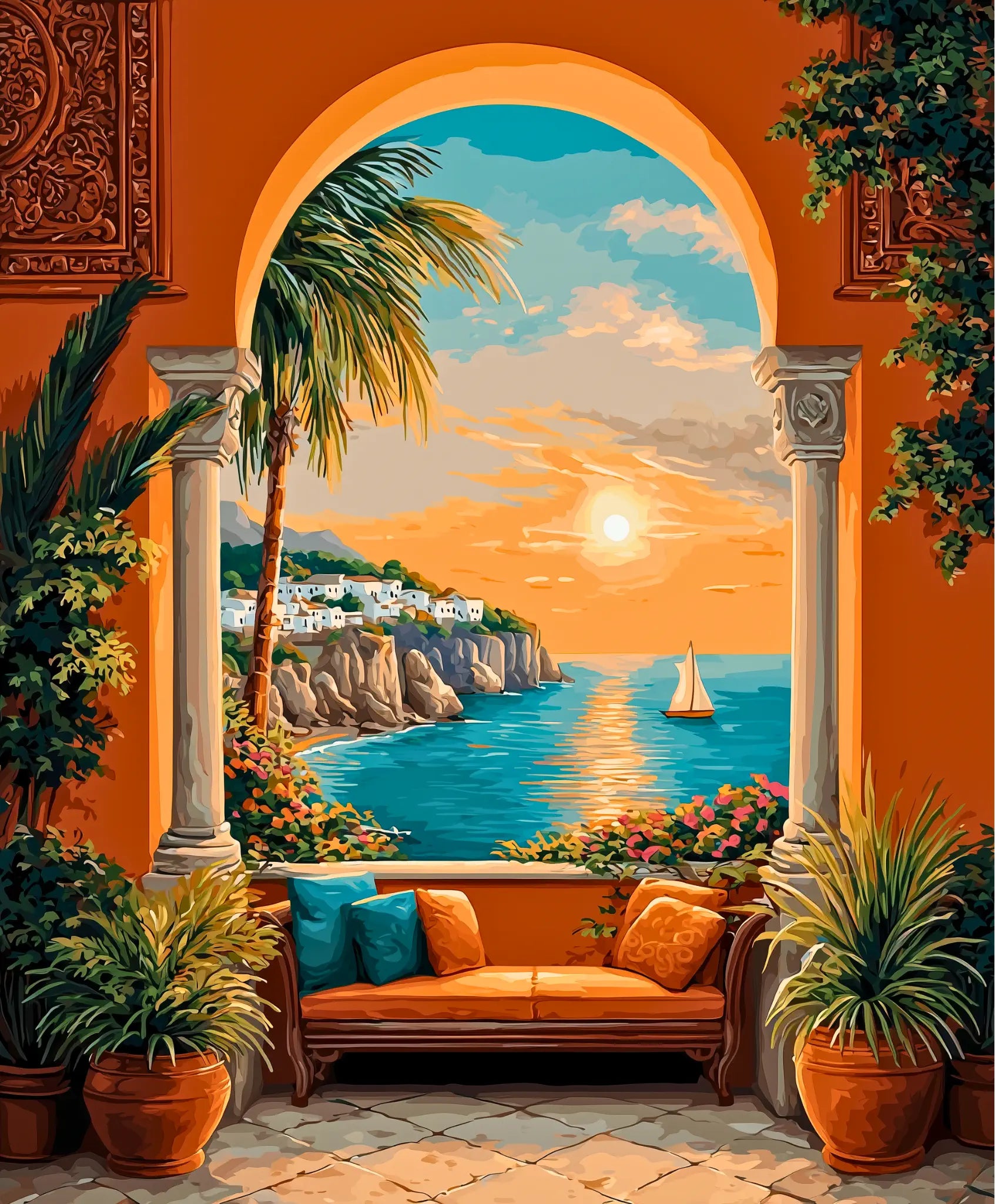 Decorative scene with a sunset over a coastal town viewed through an archway, with a couch and plants in the foreground.