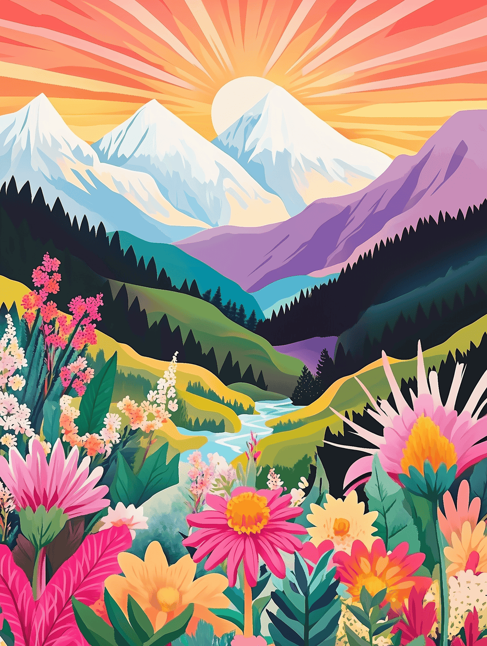 A paint-by-numbers kit depicting a vibrant sunset with mountains and a floral foreground.