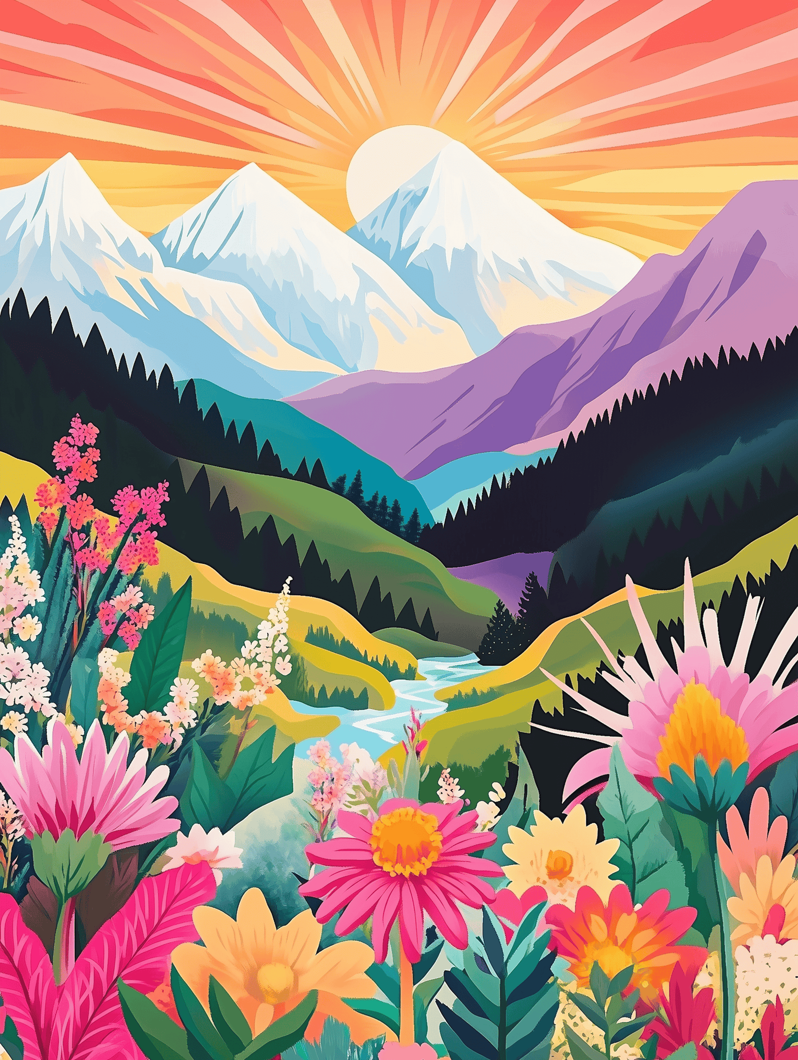 Un kit de peinture par numéros représentant un coucher de soleil vibrant avec des montagnes et un premier plan floral.