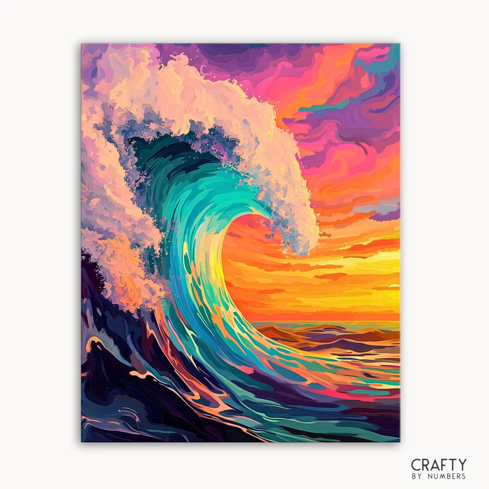 A vibrant paint by numbers kit depicting a large wave with blue, purple, and gold colors against a sunset background.