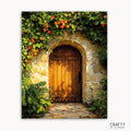 A canvas paint by numbers kit depicting a rustic garden gate with a wooden door surrounded by flowers and greenery, titled 'Sunset Garden Gate'.