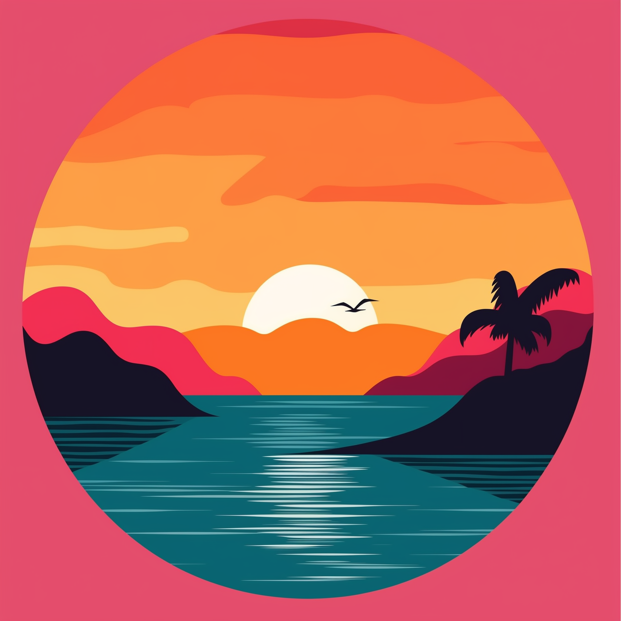 A paint by numbers kit depicting a tropical sunset scene with palm trees, sun, and a bird.