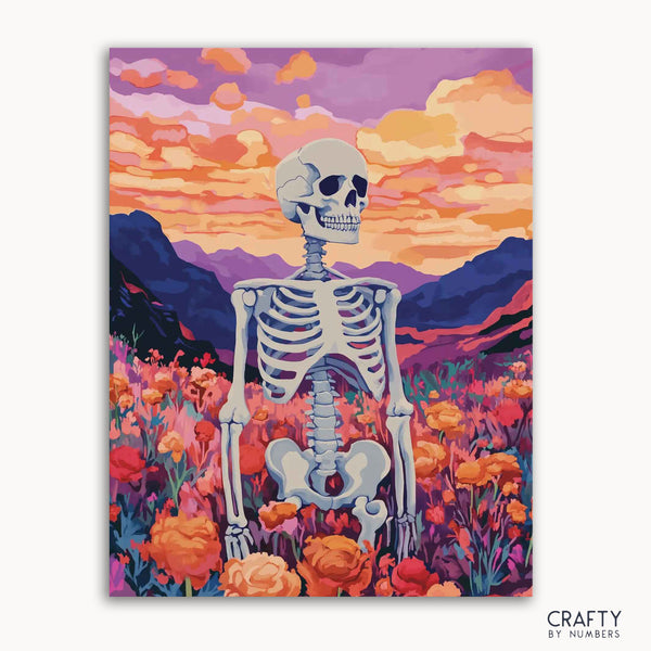 A paint by numbers kit image featuring a skeleton standing in a field of flowers with a sunset in the background.