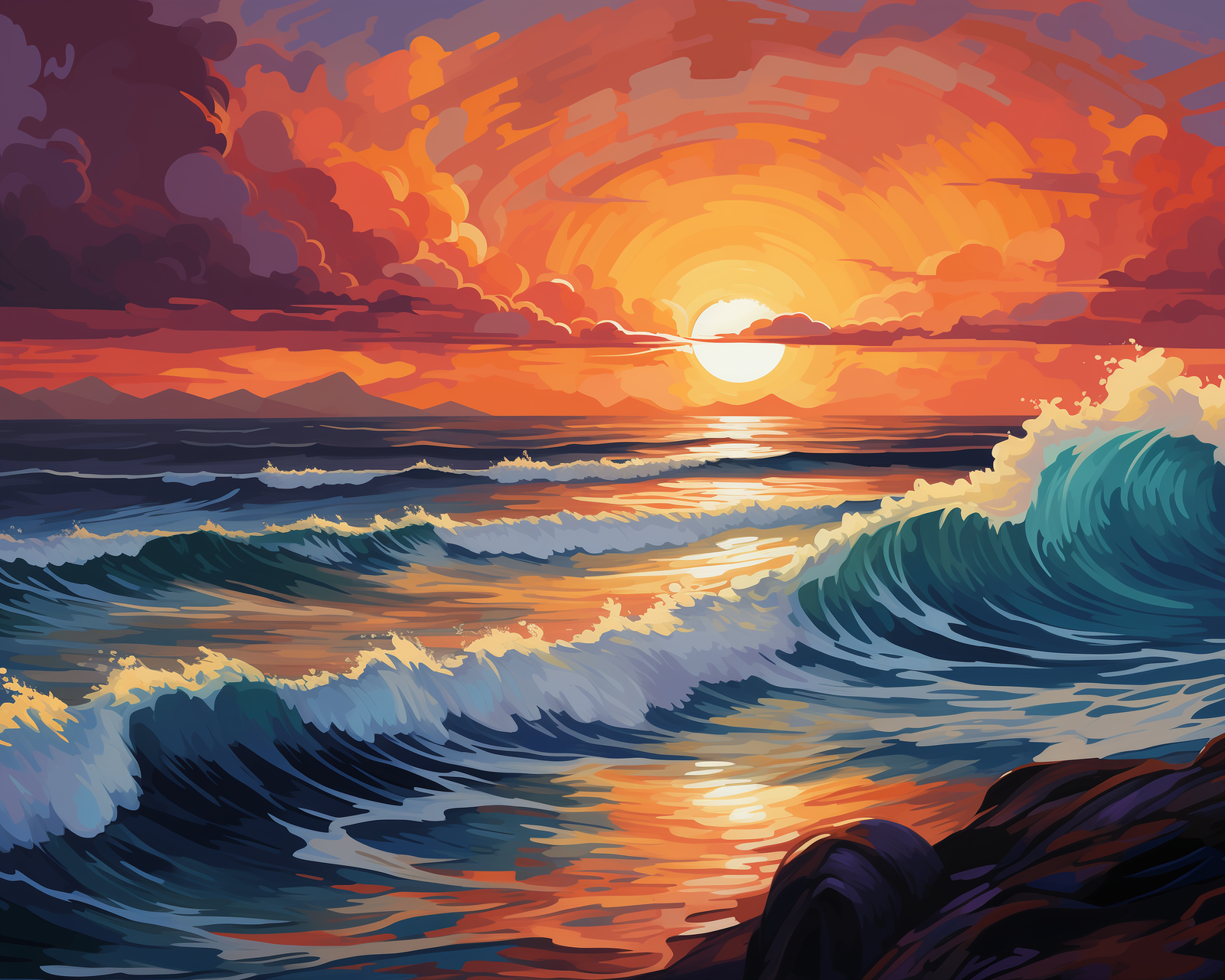 Un kit de pintura por números que representa una puesta de sol sobre el océano con vibrantes colores naranja, amarillo y azul.