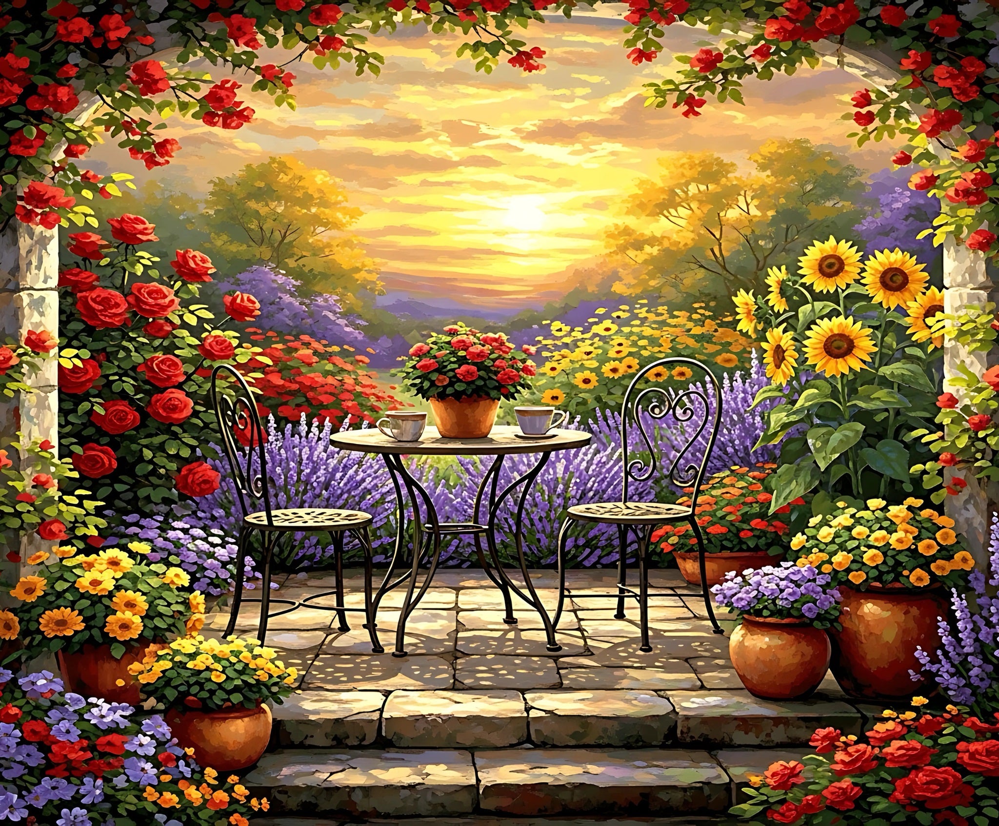 Garden scene with flowers, table, and chairs at sunset.