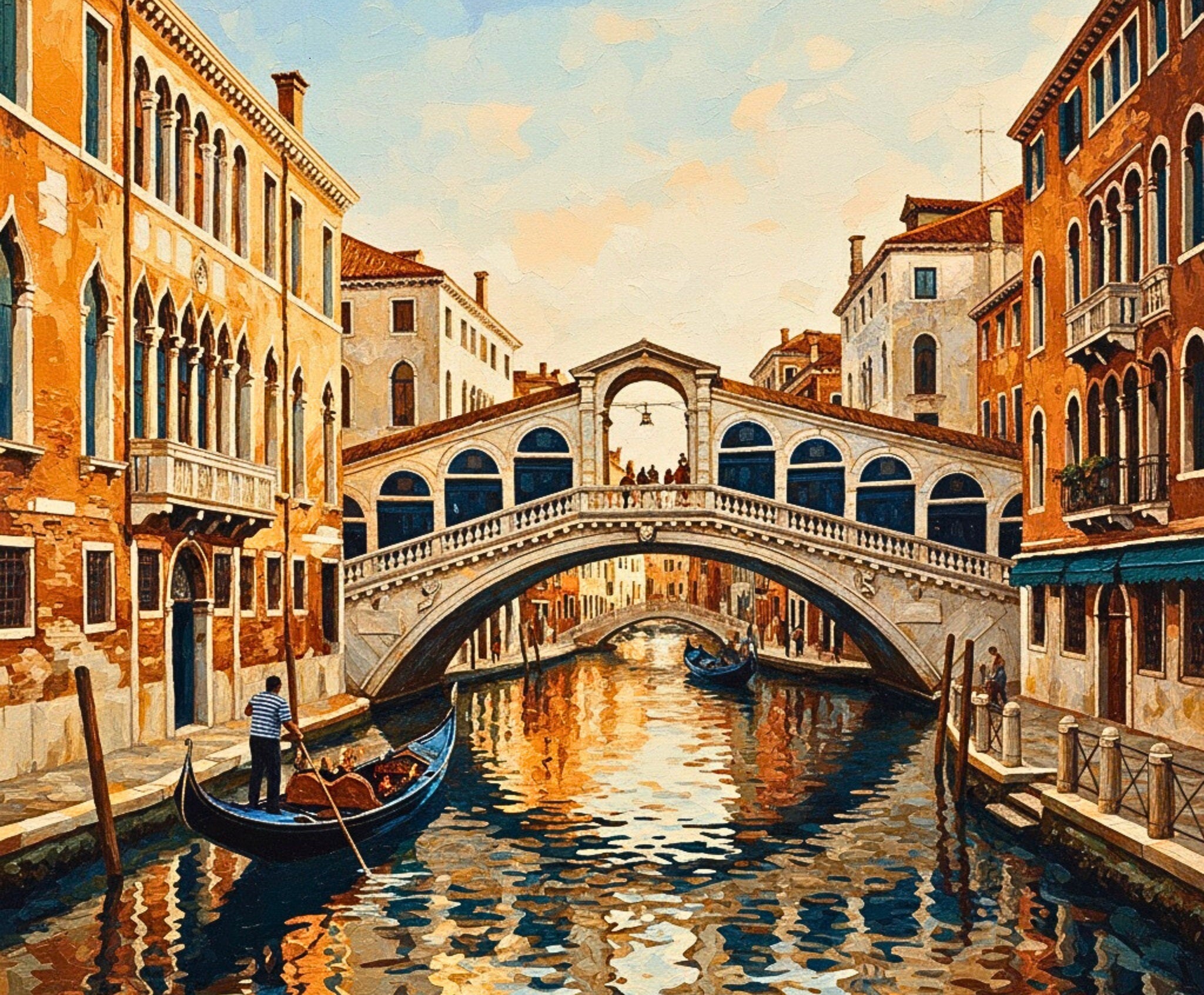 Venetian canal with a bridge and gondola, resembling a painting.