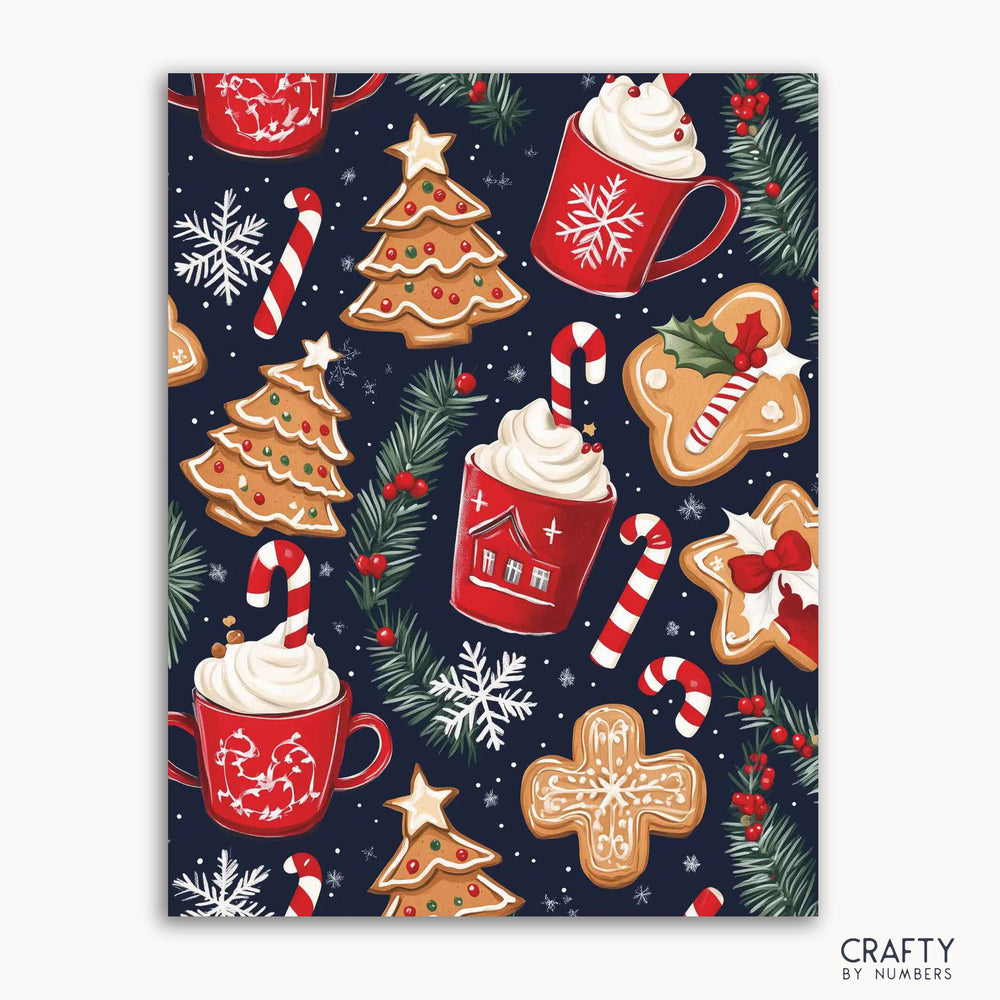 A paint by numbers kit with a festive design featuring gingerbread cookies, candy canes, and cups of cocoa with whipped cream on a navy background adorned with snowflakes and holly.